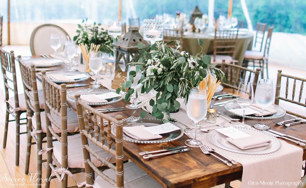 Farm Tables with Green and White Floral Centerpieces Soiree Floral Nantucket 19