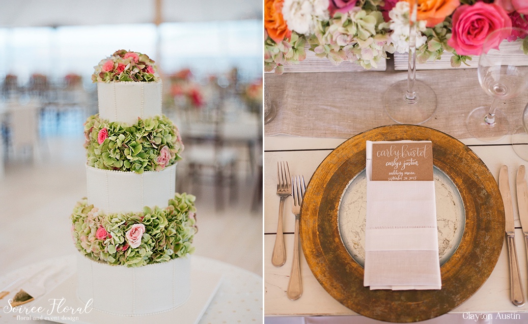 Hydrangea Wedding Cake Display – Kraft Paper Menus with Calligraphy Clayton Austin Nantucket11