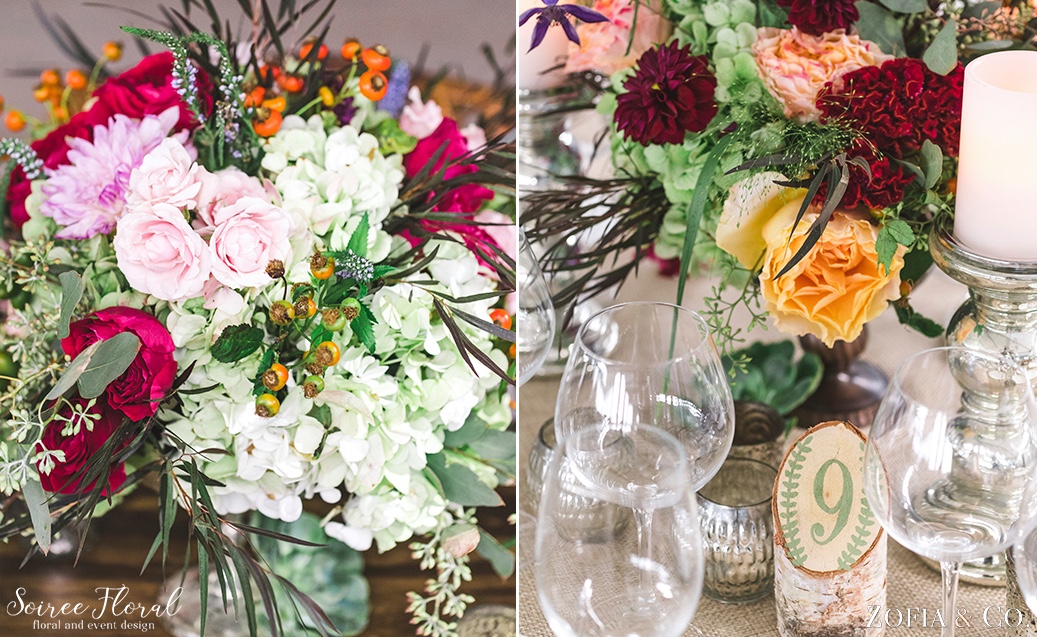 Lush and Wild Floral Design with Rose Hips and Dahlias_Birch Log Table Names Soiree Floral 9