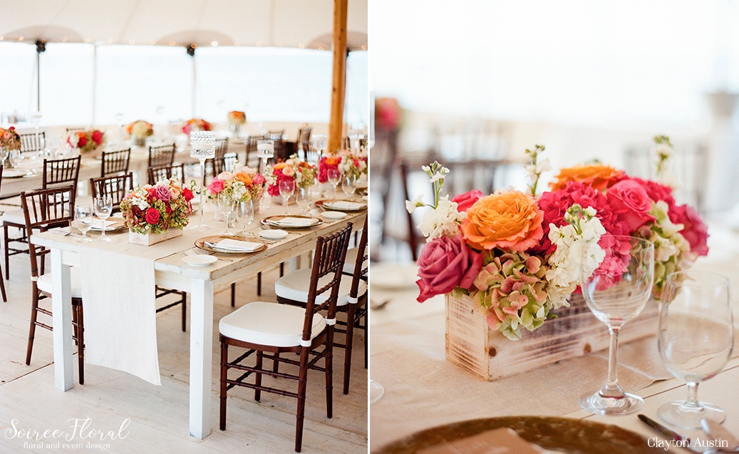 White Washed Farm Tables with Garden Roses and Floating Candles Soiree Floral Nantucket Clayton Austin8