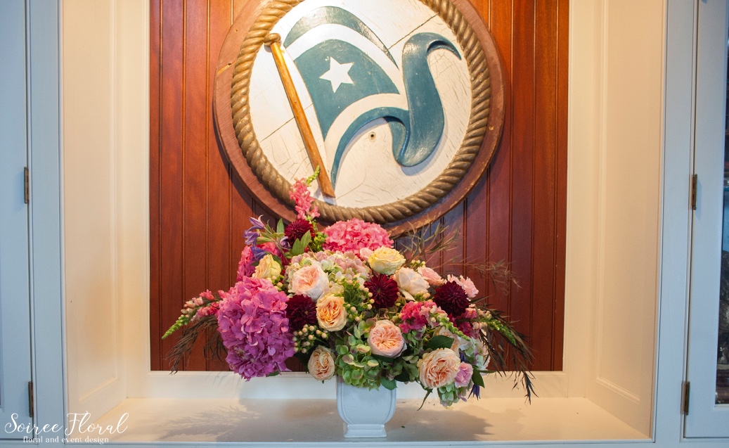 Asymmetrical Urn Arrangement – Dahlias Hydrangea Roses – Soiree Floral Nantucket