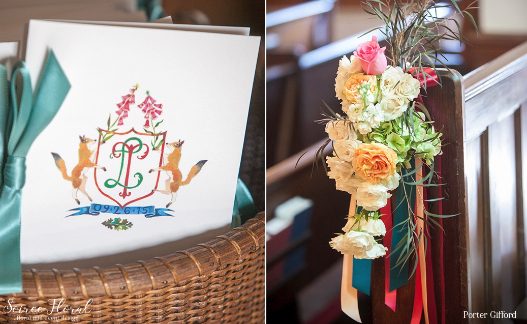 Colorful Pew Markers and Custom Illustrated Wedding Crest Nantucket Wedding