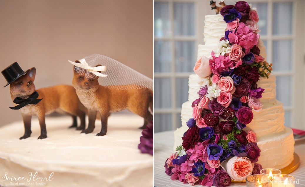 Floral Cascade Wedding Cake with Fox Topper – Soiree Floral Nantucket
