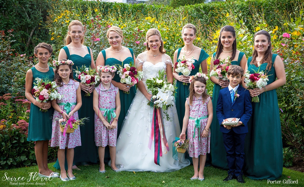 Jewel Toned Bridesmaids Gowns with Lush Bouquets – Soiree Floral Fall Nantucket Wedding