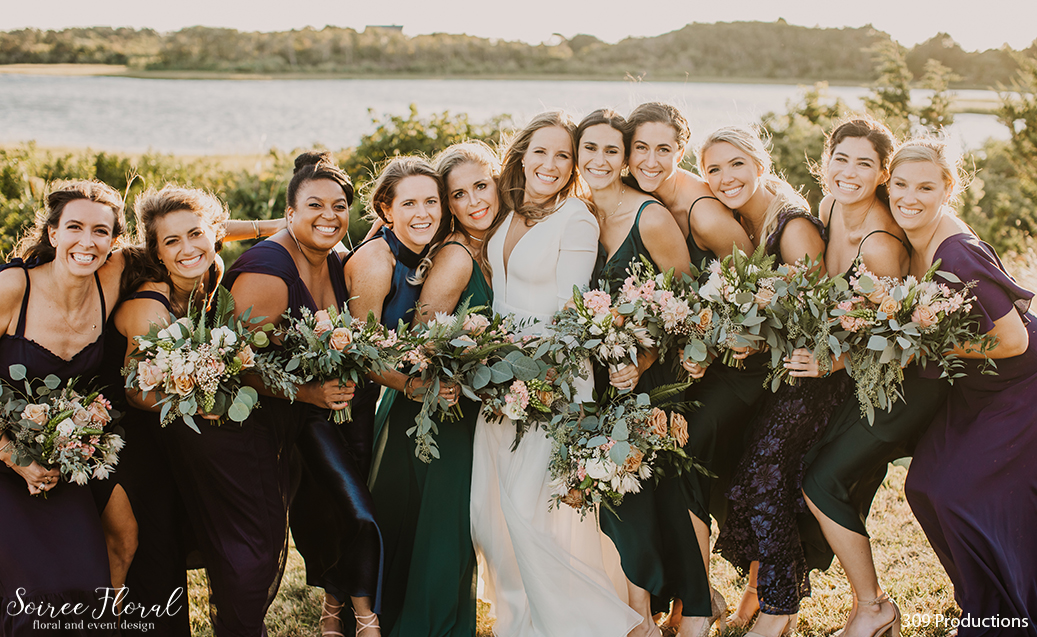 Boho Chic Micro Wedding Bridal and Bridesmaids Bouquets in Shawkemo. Bridesmaids in jewel tones overlooking the water. Photo by 309 Productions.
