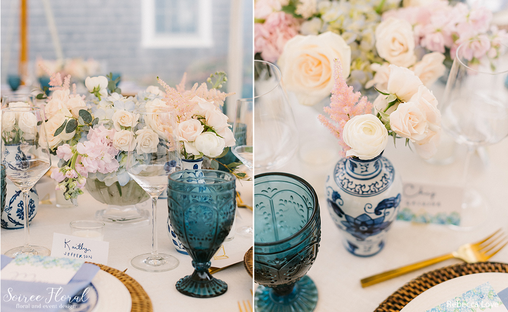 Micro Wedding Tablescape, centerpiece in compote vase, chinoiserie bud vases, blue goblet.