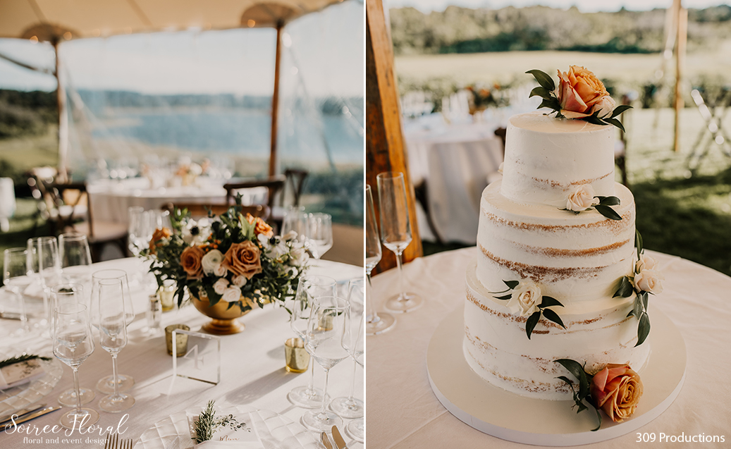Boho Chic Micro Wedding. Lush centerpiece in gold compote vase with fall tones. Naked wedding cake with bronze blooms by 45 Surfside. Photo by 309 Productions.