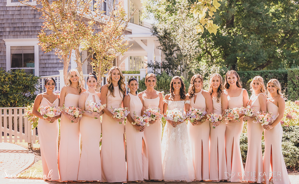 bride bridesmaids blush dresses