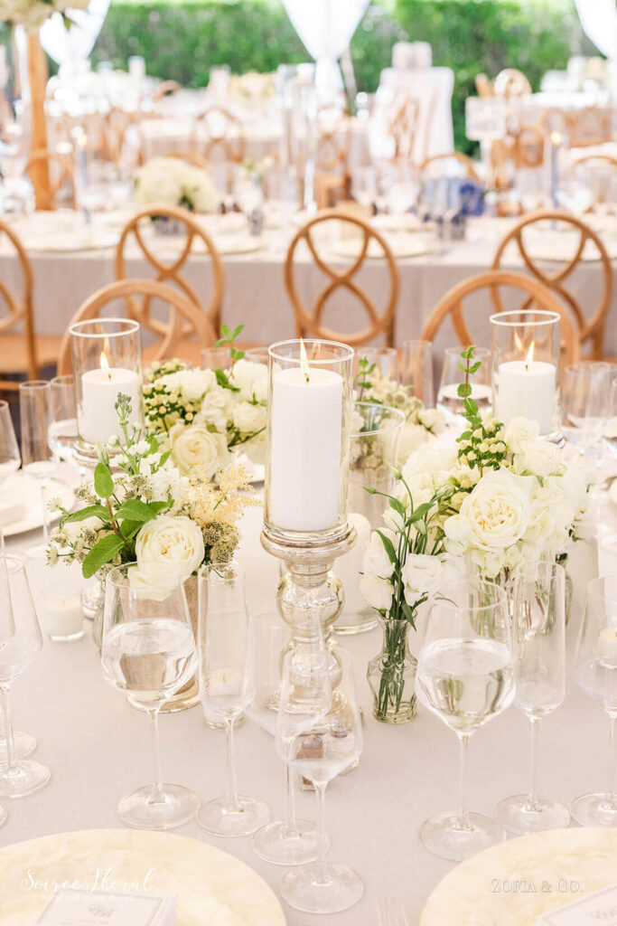 Wedding Tablescape with Greens & White Candles