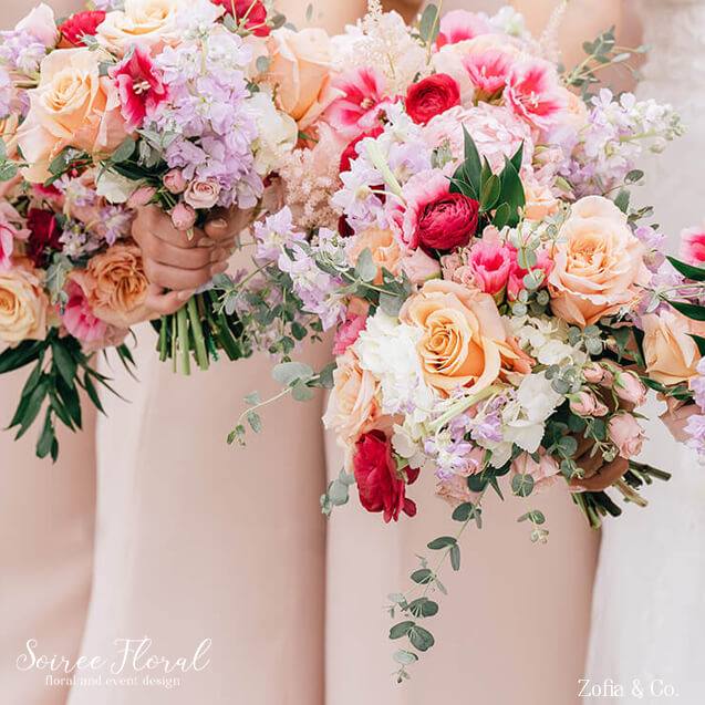 colorful bridesmaids bouquets by Soiree Floral