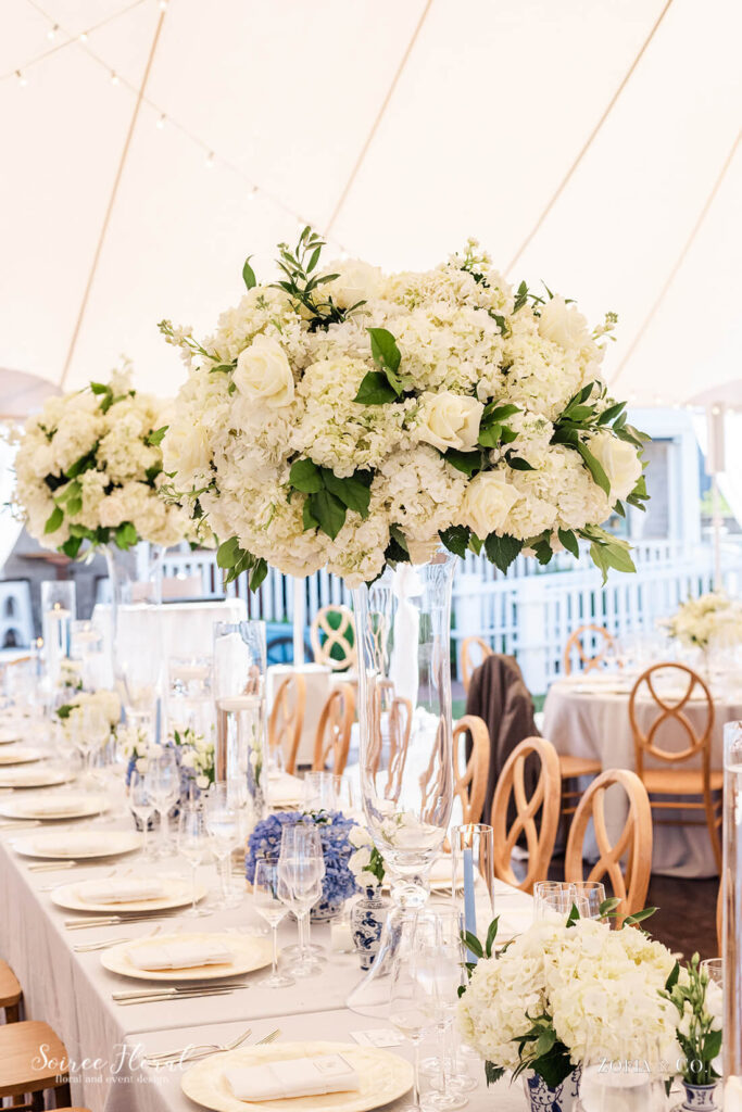 Mixed hydrangea arrangements on wedding table