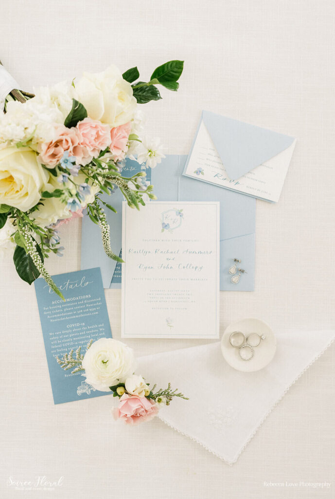 wedding invitation flat lay with flowers