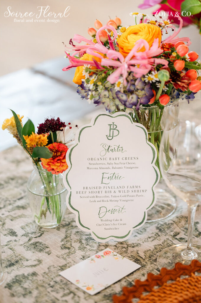 wedding flowers with paper menu