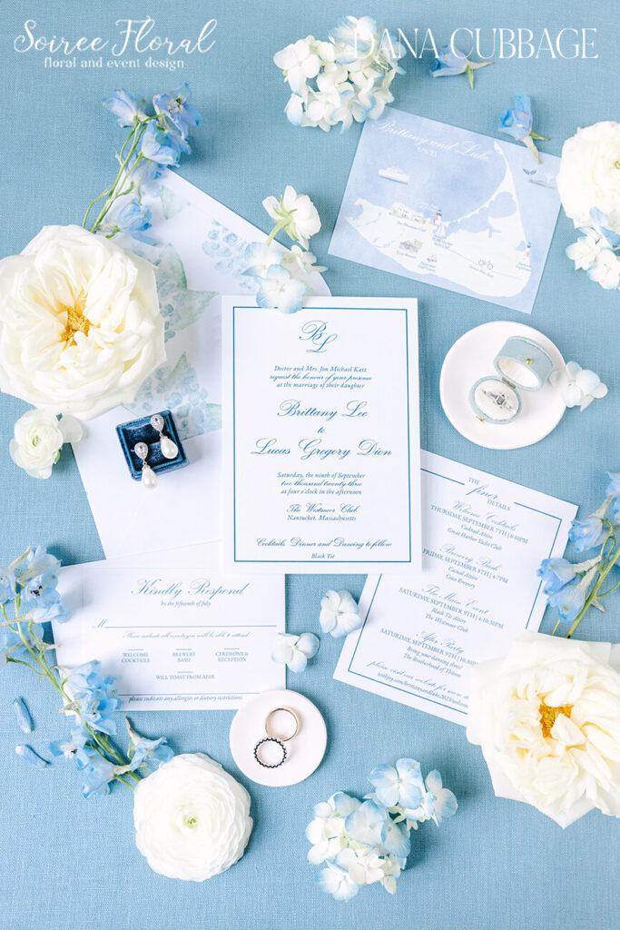 white and blue wedding details